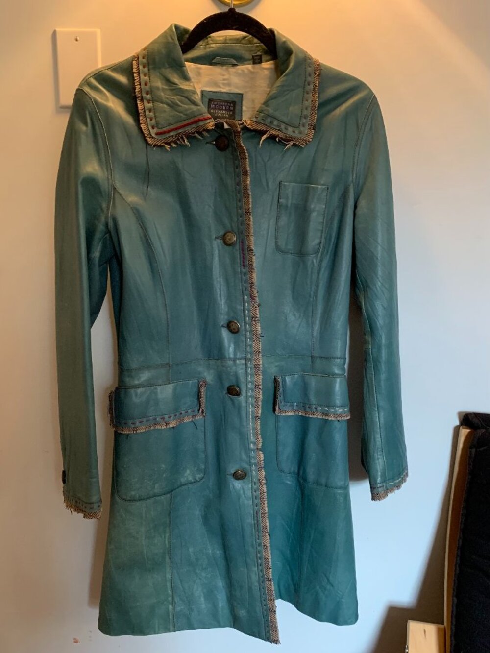 VTG Alexander Julian wool tweed trim blue leather coat